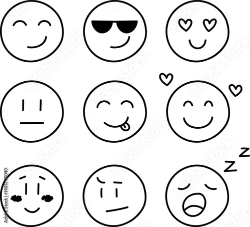 Set of smiles with emotions, hand drawn collection