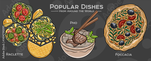 Global Culinary Collection: A hand-drawn set featuring iconic and beloved dishes from diverse cuisines around the world.