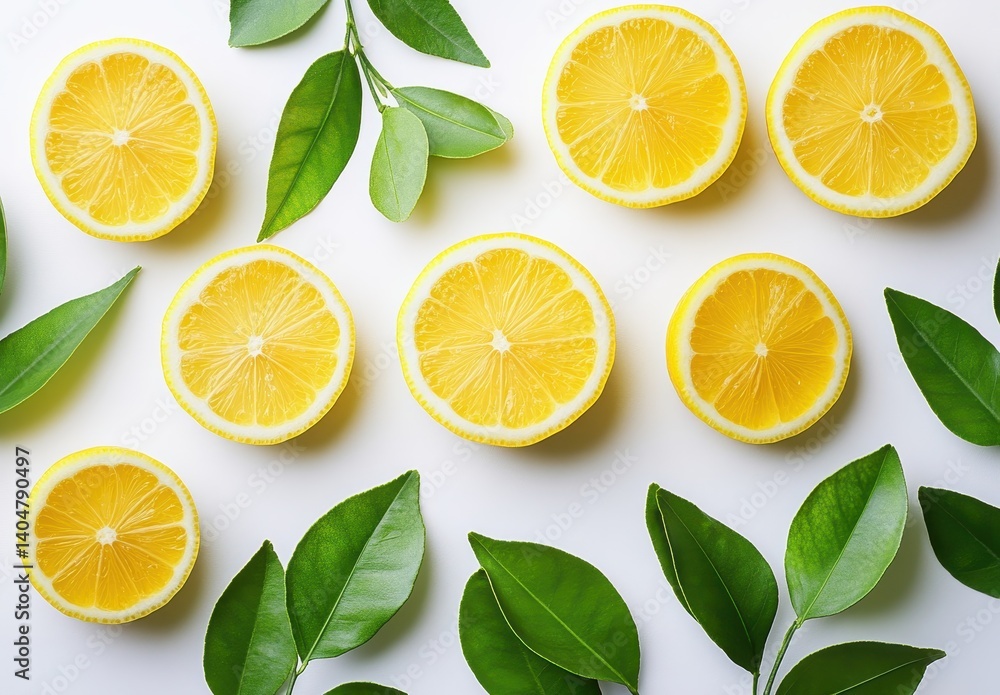 Freshly Sliced Lemons with Green Leaves on a White Background, Perfect for Culinary and Healthy Lifestyle Themes, Bright and Vibrant Colors Freshly Sliced Lemons with Green Leaves on a White Background, Perfect for Culinary and Healthy Lifestyle Themes, Bright and Vibrant Colors
