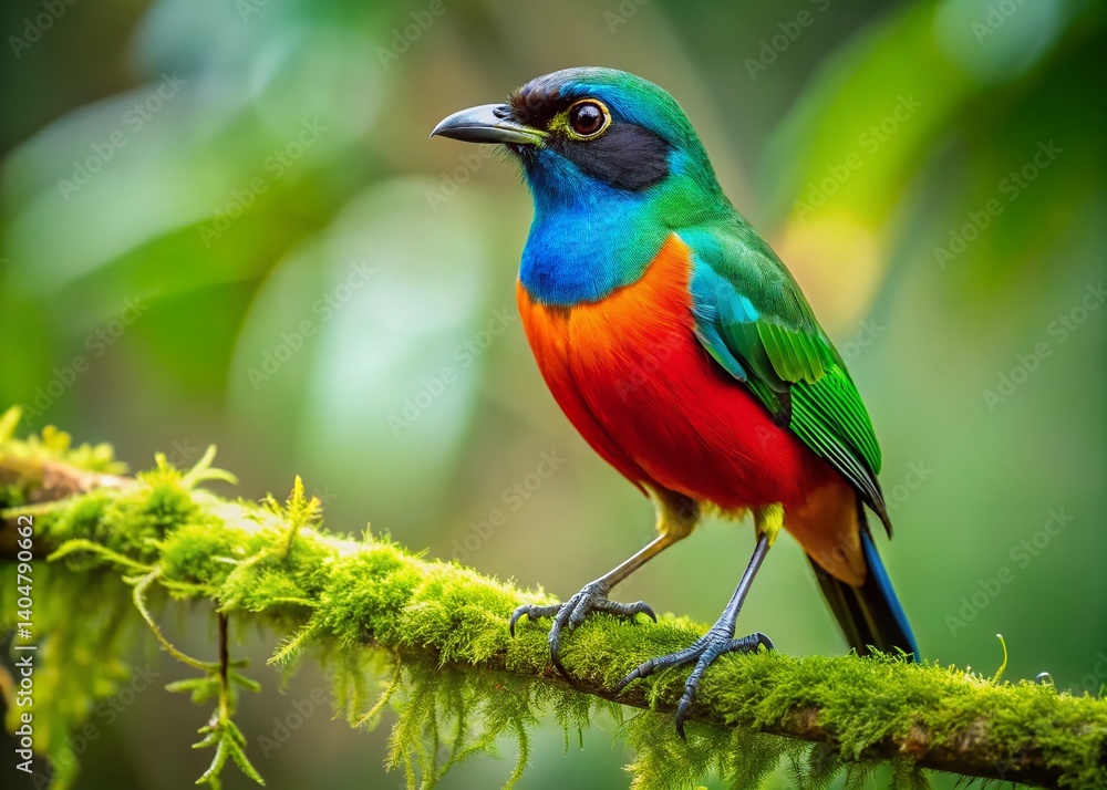 Obraz premium Superb Starling Perched on Mossy Branch: A vibrant Superb Starling, showcasing striking blue, black, red, and green plumage, perches delicately on a moss-covered branch amidst a lush.