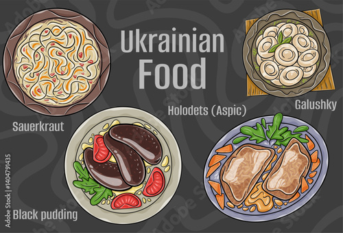 Popular Ukrainian Traditional Cuisine Set. Hand-drawn vector illustration on a dark background.