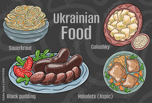 Popular Ukrainian Traditional Cuisine Set. Hand-drawn vector illustration on a dark background.