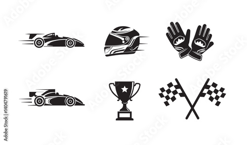 Artistic motorsport finish line featuring racing speed cars and prominent checkered flag

