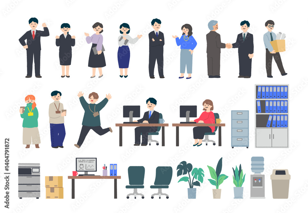 Obraz premium オフィスで働く会社員と備品のイラストセット