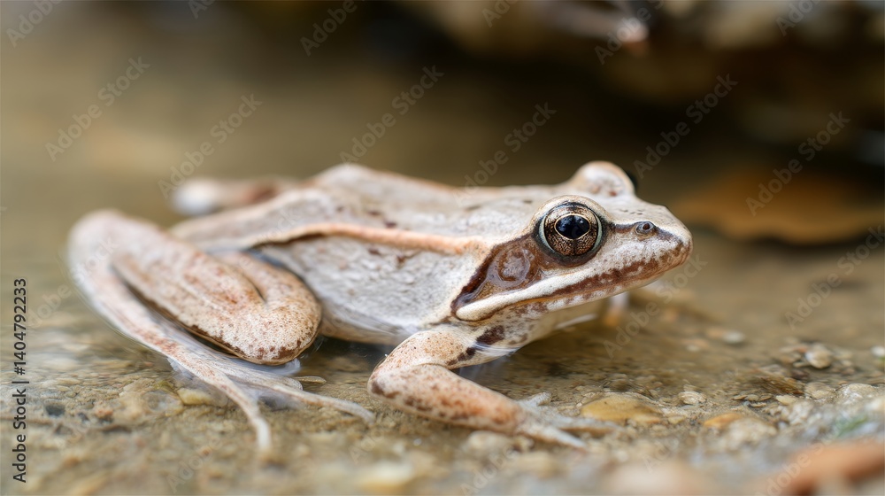 Fototapeta premium Male common frog with nuptial pad and bluish-grey skin during breeding season in natural wetland habitat, showing distinctive coloration and reproductive anatomy in spring amphibian behavior scene