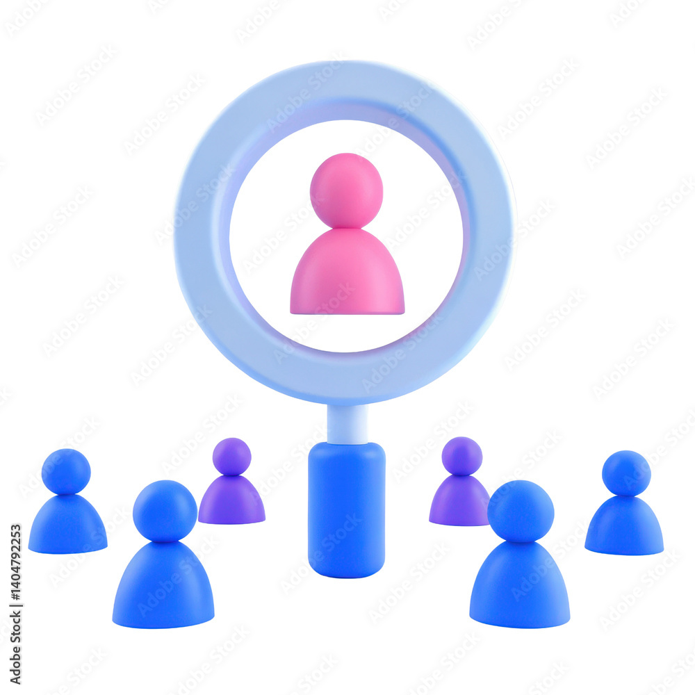 A magnifying glass focuses on a pink figure surrounded by blue and purple figures, emphasizing individual importance among a group. A magnifying glass focuses on a pink figure surrounded by blue and purple figures, emphasizing individual importance among a group.