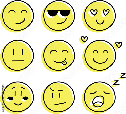 Set of smiles with emotions, hand drawn collection