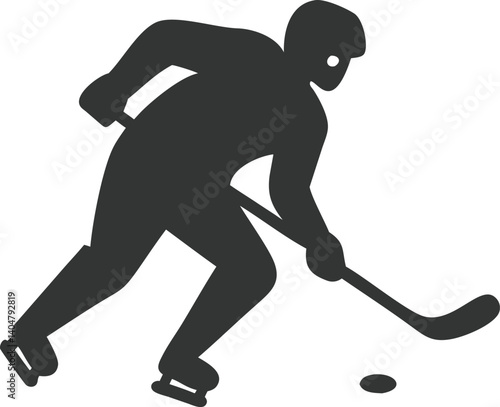 Minimal Ice Hockey Player Silhouette with Puck and Stick on White Background