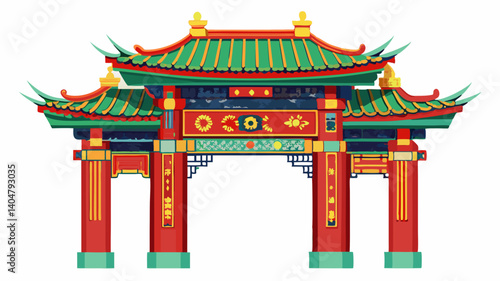 Vibrant Chinese archway rich red and green colors intricate details traditional design ornate