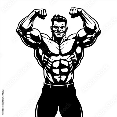Muscular bodybuilder flexing biceps, black and white vector illustration of fitness and strength.