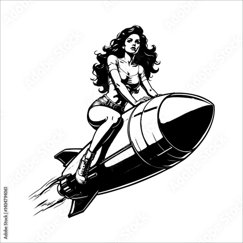 Retro pin-up woman riding rocket, vintage black and white vector art.