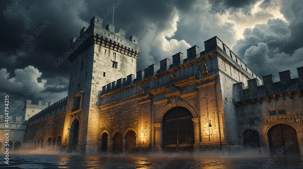 Fototapeta premium Dramatic view of Bastille Prison fortress illuminated by amber light against a stormy sky, evoking a sense of history