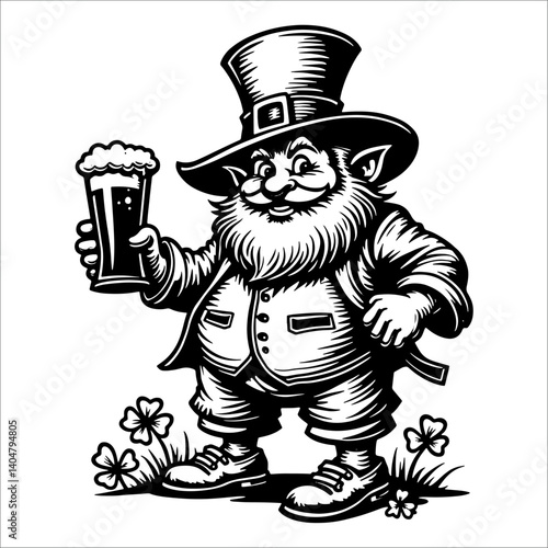 Happy leprechaun with beer mug and shamrocks, vintage St. Patrick’s Day illustration in black and white.