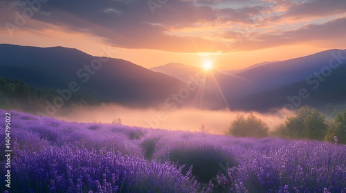 Fototapeta Naklejka Na Ścianę i Meble -  A serene mountain landscape with layers of fog lifting to reveal the sun rising symbolizing clarity and hope