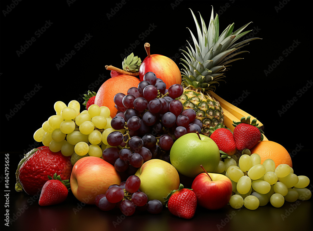 Tropical and Seasonal Fruits Pile – Pineapple, Apple, Banana, Grapes, Strawberry Tropical and Seasonal Fruits Pile – Pineapple, Apple, Banana, Grapes, Strawberry