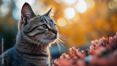 Curious tabby cat exploring outdoors with autumn leaves in evening light