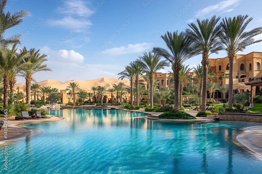 Obraz premium Desert Oasis with Clear Blue Water Surrounded by Palm Trees