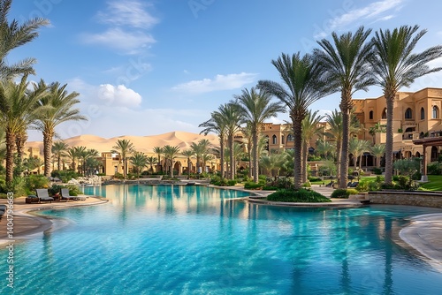 Desert Oasis with Clear Blue Water Surrounded by Palm Trees