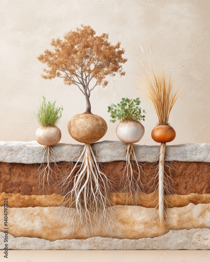 Obraz premium Exploring the Beauty of Vegetables Thriving on a Stone Wall in Harmony with Soil Microorganisms