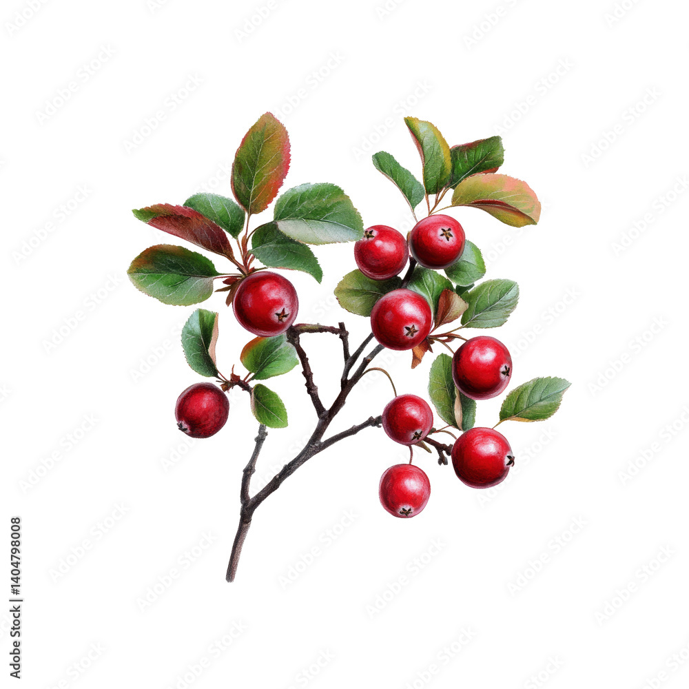 Lush Branch of Red Cranberries with Green Leaves - Botanical Illustration