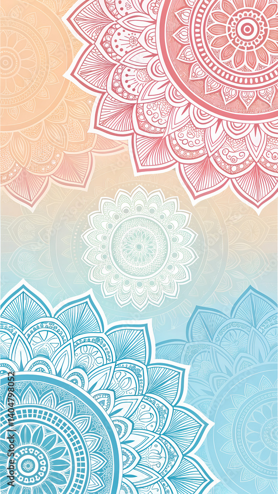 Serene mandala art: a calming pastel dream of intricate floral patterns in soft peach, mint, and blue hues. Serene mandala art: a calming pastel dream of intricate floral patterns in soft peach, mint, and blue hues.