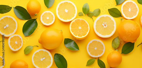 Symmetrical Summer Citrus Background – Fresh Lemons and Oranges on Yellow