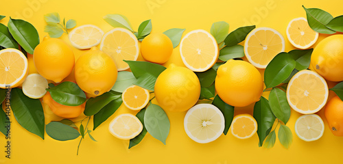 Symmetrical Summer Citrus Background – Fresh Lemons and Oranges on Yellow