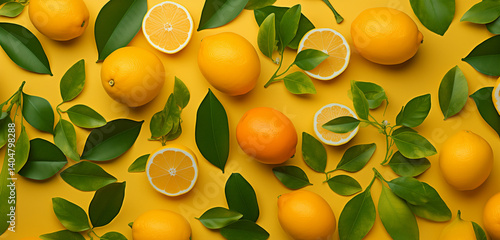 Symmetrical Summer Citrus Background – Fresh Lemons and Oranges on Yellow