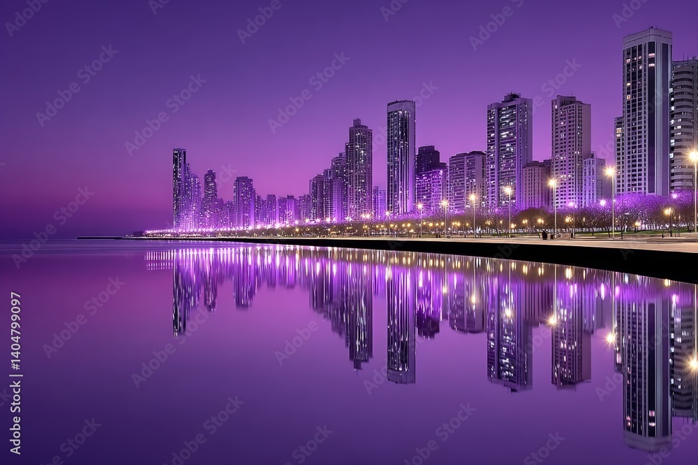 Obraz premium City skyline reflecting over calm waters at twilight