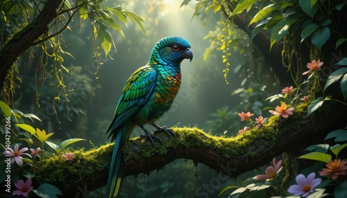 Vibrant Parrot Perched in a Lush Tropical Forest