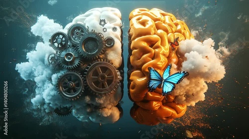 Abstract 3D Brain Visualization Gears and Butterfly on Golden and Gray Hemispheres