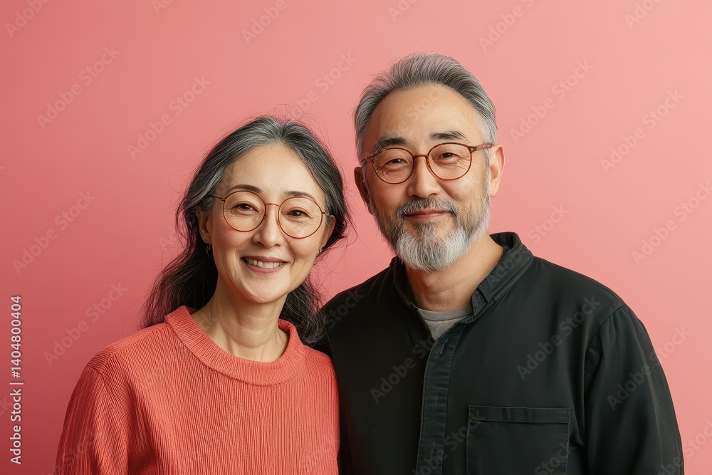 Smiling Asian senior couple posing with glasses in front of pink backdrop. Showcase positive aging, relationships, and eye care with this image. Smiling Asian senior couple posing with glasses in front of pink backdrop. Showcase positive aging, relationships, and eye care with this image.