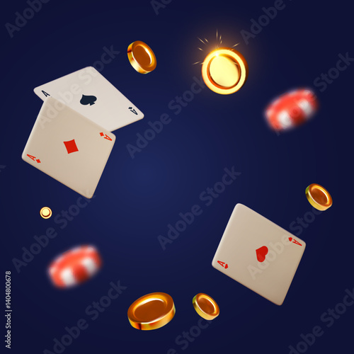 Gambling design. Playing chips, dice and poker cards. Casino advertising template. Mobile game