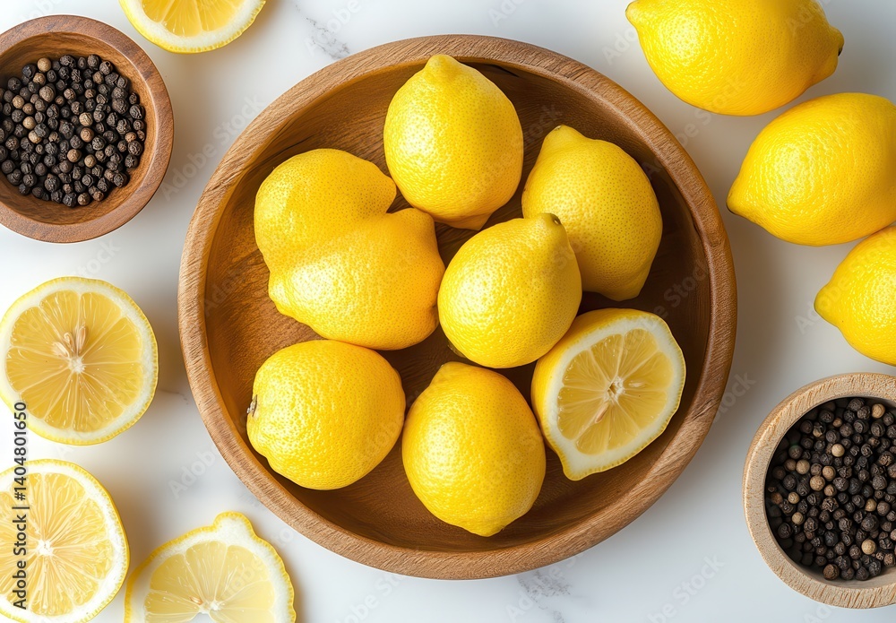 Fresh Lemons in Wooden Bowl with Sliced Lemons and Peppercorns on Marble Surface for Healthy Recipe and Cooking Inspiration Fresh Lemons in Wooden Bowl with Sliced Lemons and Peppercorns on Marble Surface for Healthy Recipe and Cooking Inspiration