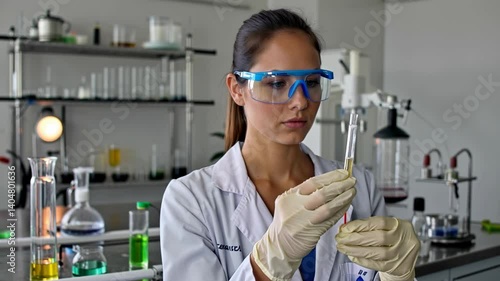 Focused woman scientist conducting experiment with test tubes in laboratory setting