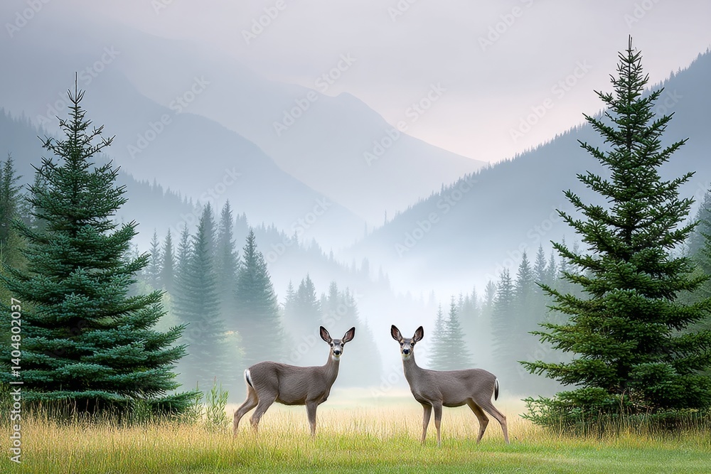 Wild deer grazing in an open meadow at sunrise Wild deer grazing in an open meadow at sunrise