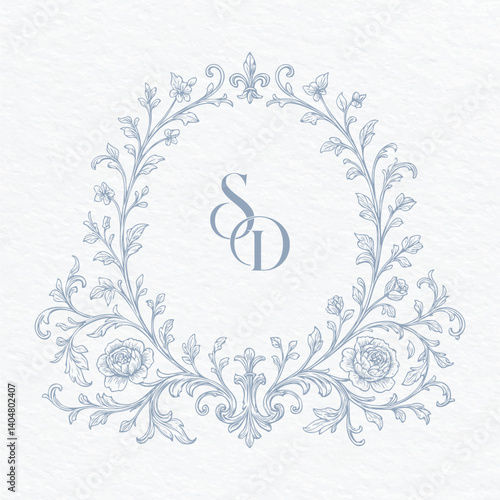 Vintage Floral Monogram Crest with Ornate Roses and Scrollwork. Hand-Drawn Botanical Frame with Elegant Monogram Letters SDnd-Drawn Botanical Frame with Elegant Monogram Letters SD