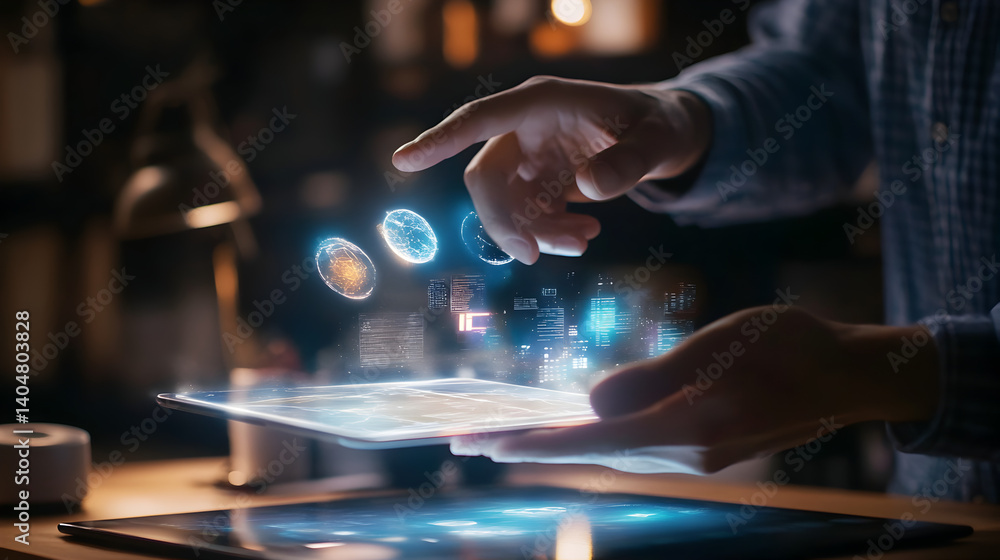 using a smartphone to view transparent holograms of digital objects floating above real-world items, demonstrating an AR interaction using a smartphone to view transparent holograms of digital objects floating above real-world items, demonstrating an AR interaction