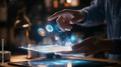 using a smartphone to view transparent holograms of digital objects floating above real-world items, demonstrating an AR interaction 