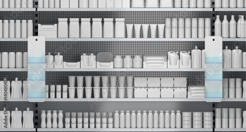 Mockup of supermarket shelves with blank dairy products and hanging plastic display stands. 3d illustration