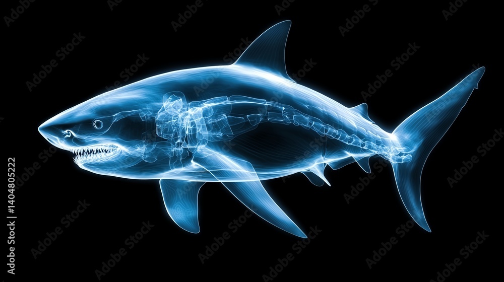 Obraz premium An intricate x-ray image of a shark, revealing its detailed skeletal structure and anatomy. Ideal for educational materials, marine biology studies, or scientific illustrations.