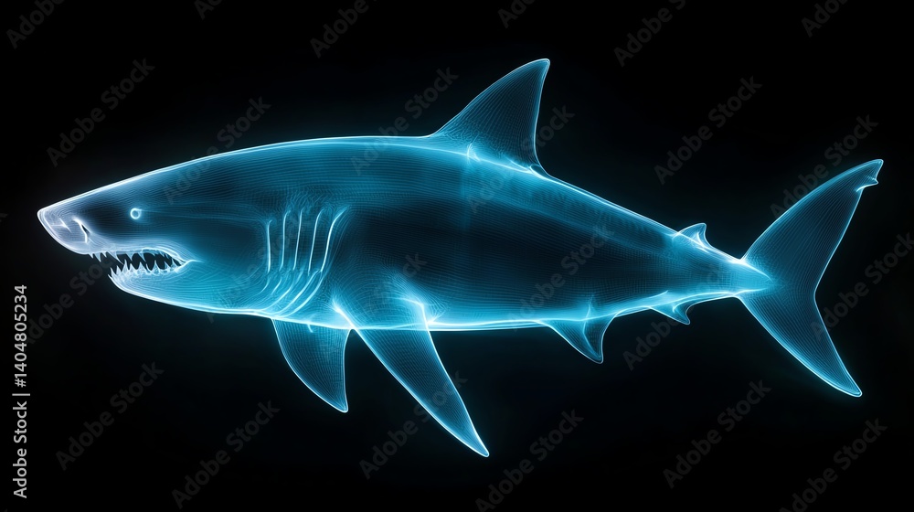 Obraz premium A stunning digital illustration of a translucent shark glowing against a dark background, showcasing its fierce expression and streamlined body, captivating the essence of ocean pr