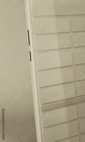 Program interface on smartphone with horizontal empty buttons. Vertical 3D illustration, gadget mockup, closeup