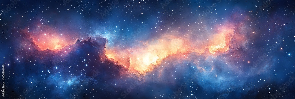 Fototapeta premium Ethereal abstract watercolor galaxy with soft blues and pinks, dreamy bleeding pigments. Perfect for whimsical designs, cosmic art, and creative backgrounds. Mystical and surreal