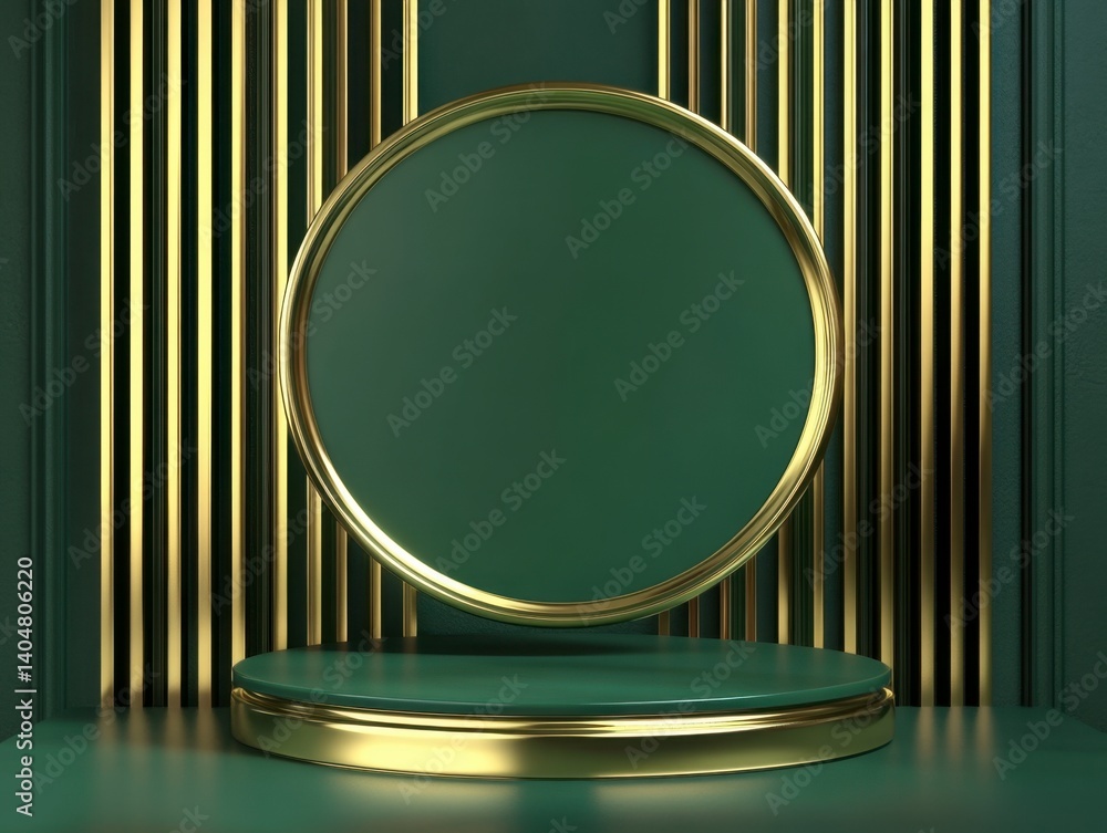 Elegant Green and Gold Display with Circular Frame and Striped Background