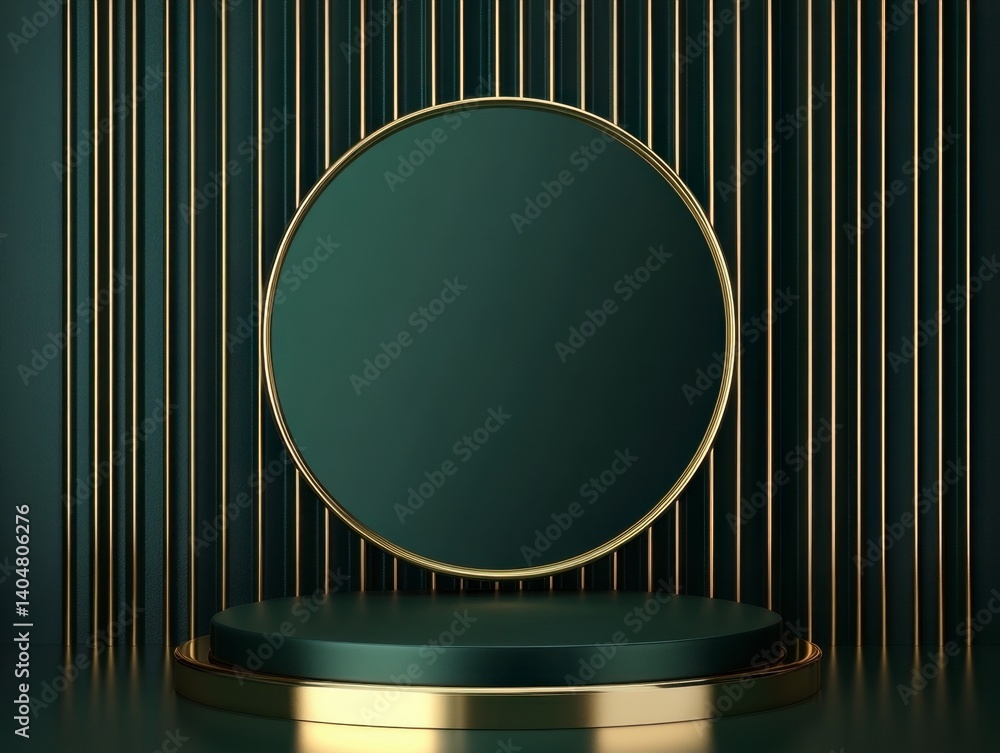 Elegant Green Display Background with Gold Circle and Vertical Lines Elegant Green Display Background with Gold Circle and Vertical Lines
