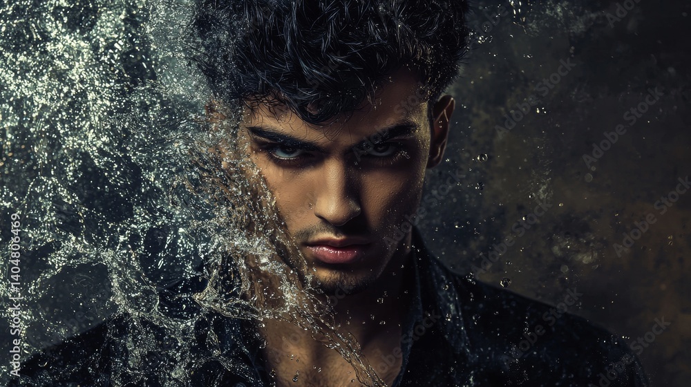 Fototapeta premium Moody portrait of man with water and texture effects
