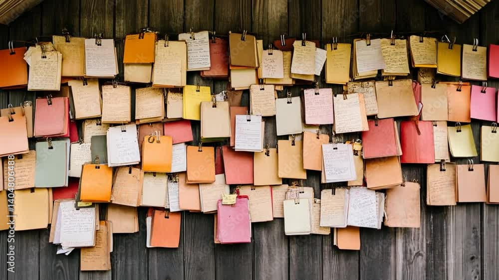 A vibrant collection of colorful notes pinned to a rustic wooden wall, showcasing creativity and communication