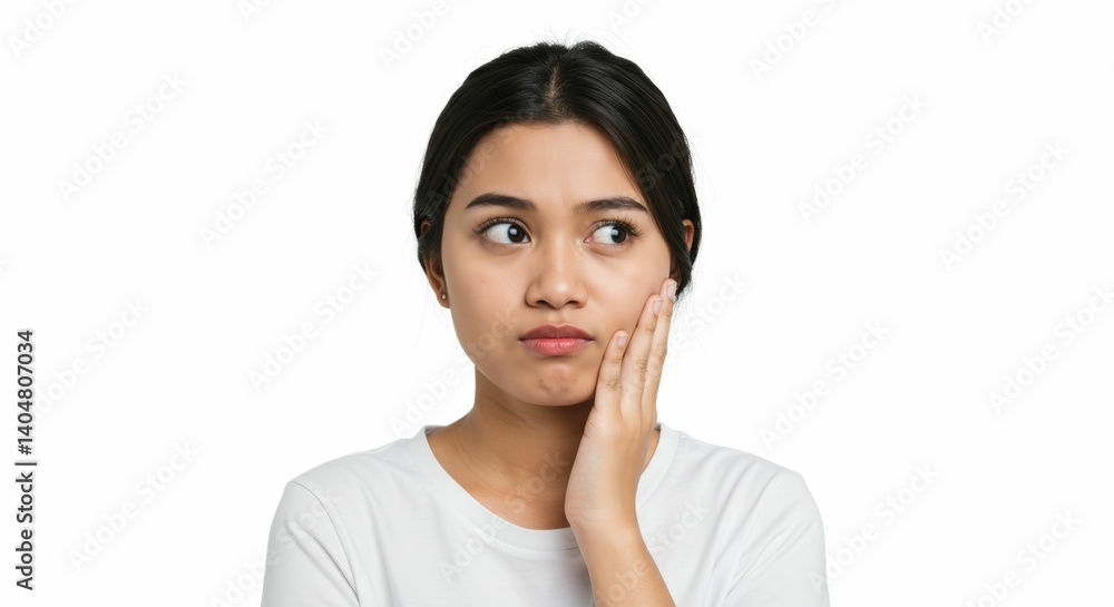 Expressive Indonesian woman with a pensive look against a clean white backdrop Expressive Indonesian woman with a pensive look against a clean white backdrop