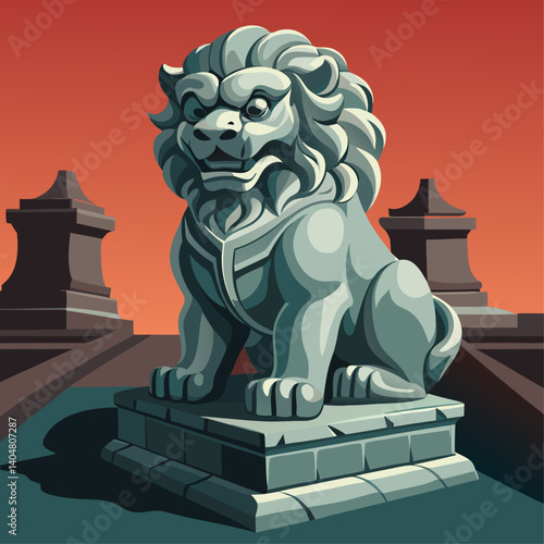 A lion statue sits on a stone pedestal in front of two stone pillars. The statue is looking at the camera with a menacing expression. Concept of mystery and intrigue